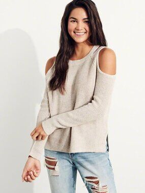 Hollister Cold Shoulder Cutout Knit Sweater Oatmeal XS 100% Cotton